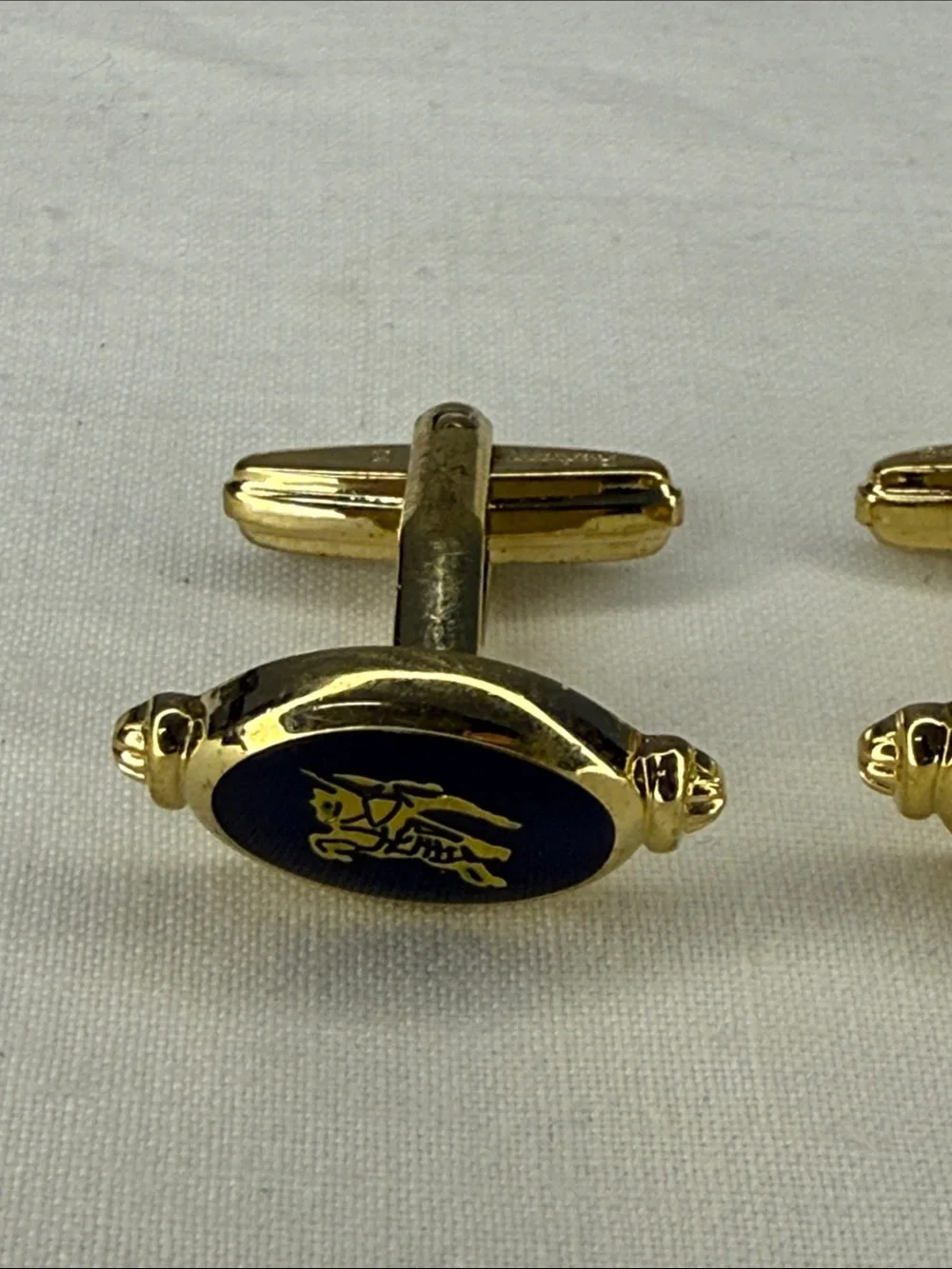 Vintage Burberrys Nova Check Knight Logo Gold Tone Cufflinks